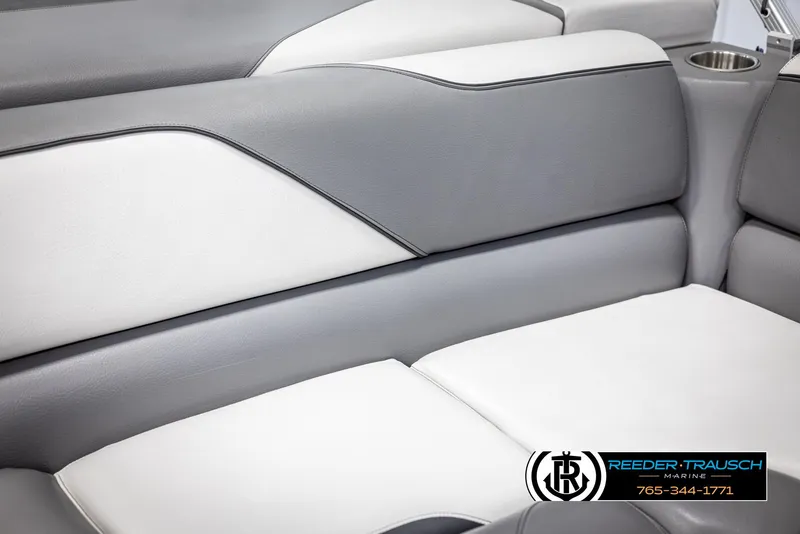 Slide: The Image of 2024 Avalon VEN QF boat interior with sleek gray and white seating design. - 37