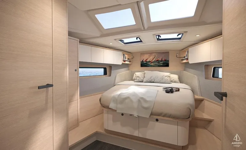 Slide: The Image of Luxurious 2025 Dufour 44 yacht cabin with skylights and modern decor. - 17