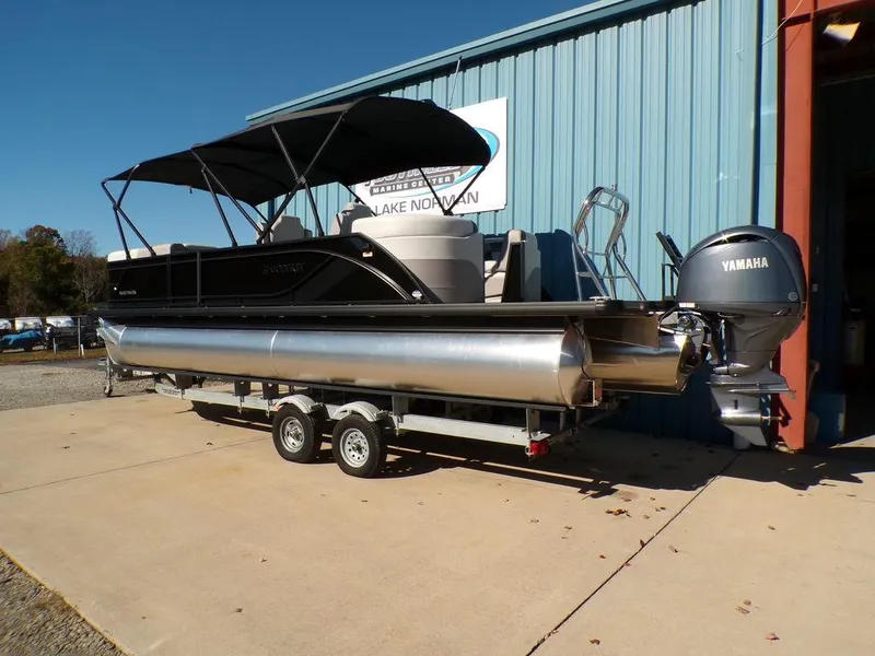 Slide: The Image of 2025 Godfrey Sweetwater 2286 QS pontoon boat with Yamaha engine on trailer. - 3