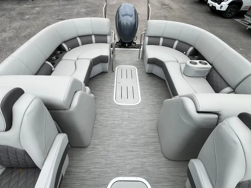 Slide: The Image of 2022 Bennington 23LTFB pontoon boat interior with gray seating and modern design. - 9