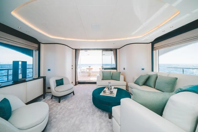 Slide: The Image of Luxurious interior of 2020 Benetti Delfino 95 yacht with elegant seating and ocean views. - 28