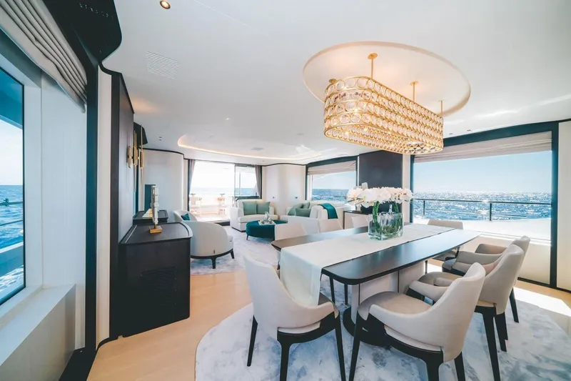 Slide: The Image of Luxurious interior of 2020 Benetti Delfino 95 yacht with elegant dining area. - 32