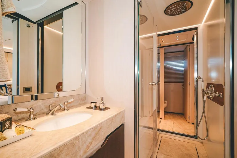 Slide: The Image of Luxurious bathroom in 2020 Benetti Delfino 95 yacht with modern fixtures and elegant design. - 46