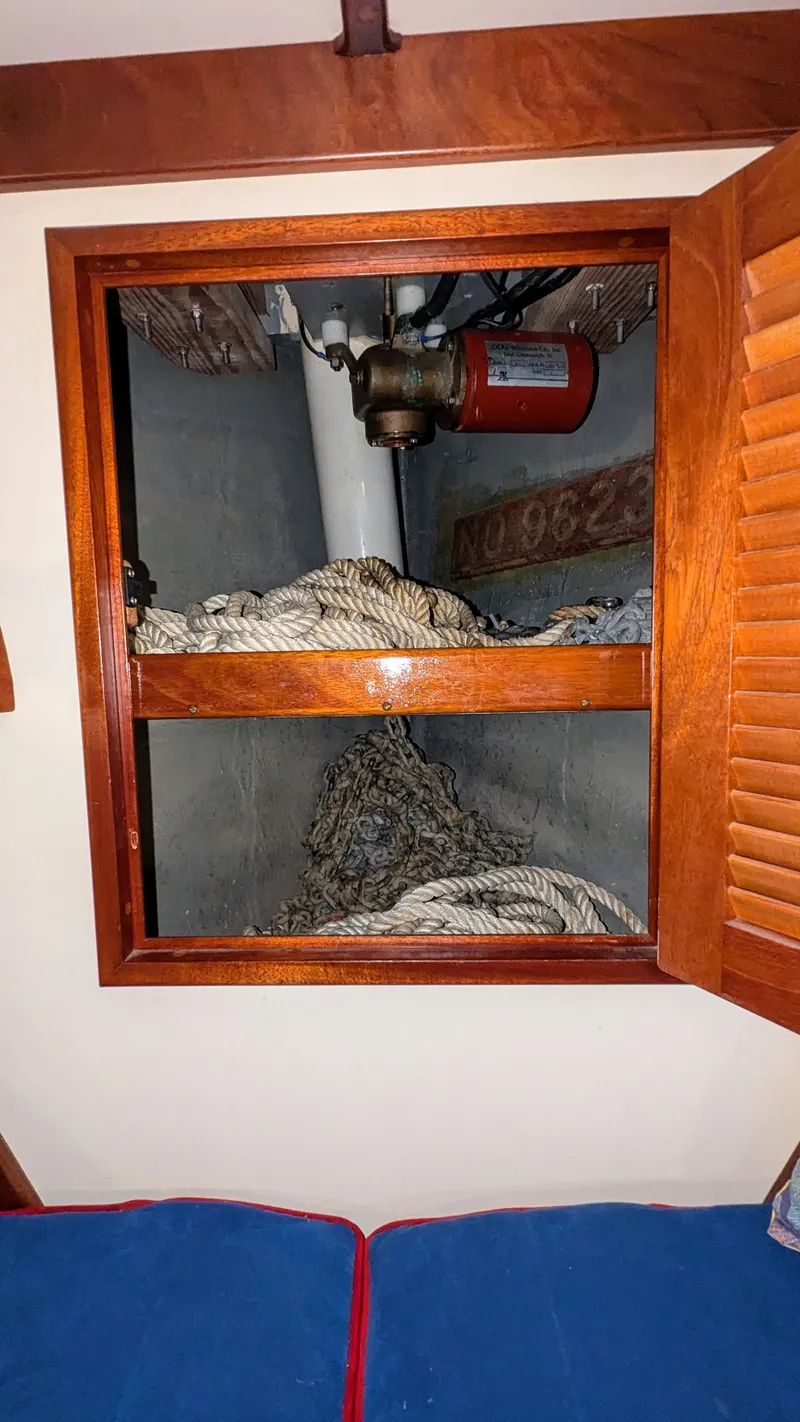 Slide: The Image of Interior view of 1990 Stanley Downeast Lobster Boat with ropes and equipment. - 24