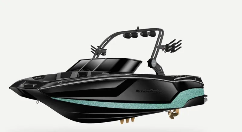 Slide: The Image of 2025 MasterCraft NXT22 boat, sleek black design with teal accents and wakeboard tower. - 0