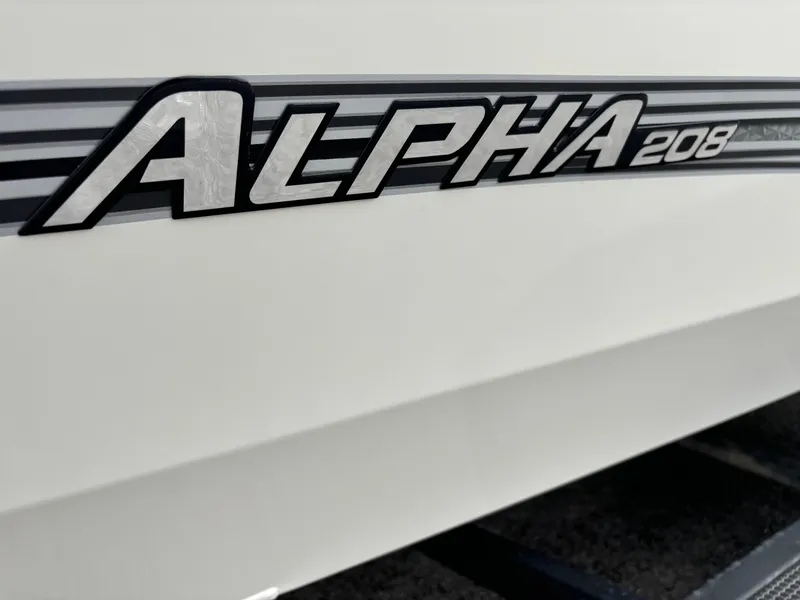 Slide: The Image of Ranger ALPHA 208 logo on a 2025 model boat, close-up view. - 8
