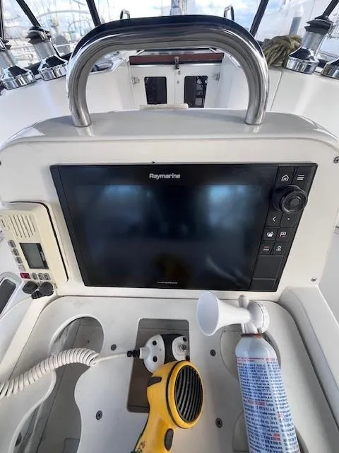 Slide: The Image of Boat cockpit with Raymarine navigation system, Hunter 401 model, 2001. - 17