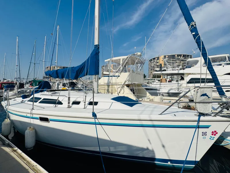Slide: The Image of 1998 Catalina 320 sailboat docked at marina under clear blue sky. - 5
