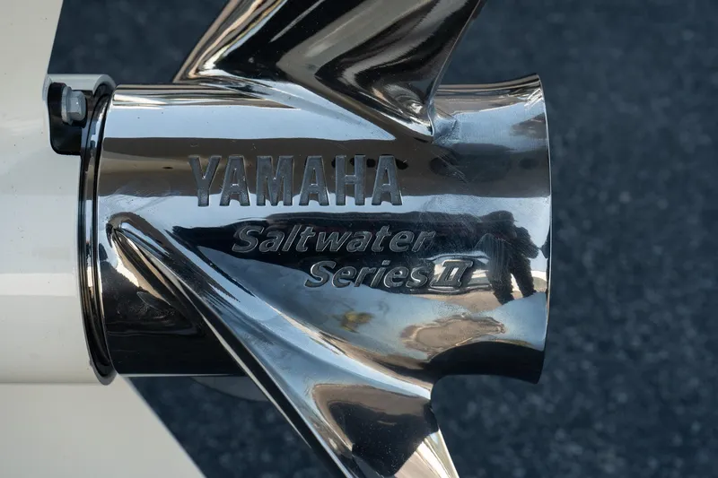 Slide: The Image of Close-up of Yamaha Saltwater Series II propeller on 2025 Scout 261 XSS boat. - 11