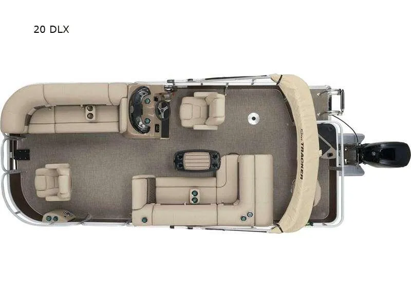Slide: The Image of 2023 Sportfish 20 DLX pontoon boat interior layout, featuring beige seating and helm. - 2