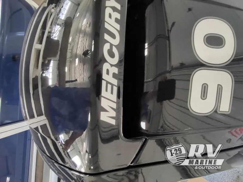 Slide: The Image of Mercury 90 outboard motor on 2024 Fishin Barge FB20 at RV Marine & Outdoor. - 8