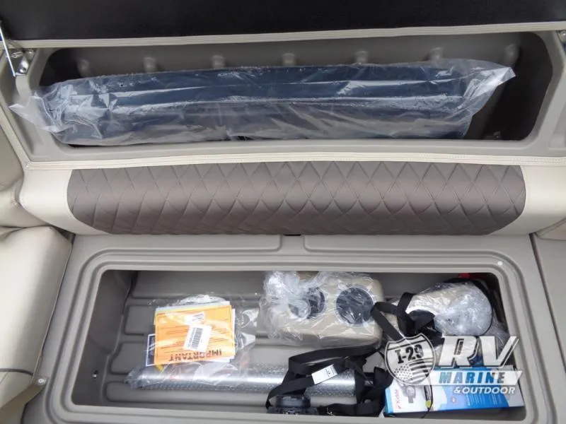 Slide: The Image of 2024 Party Barge 20 storage compartment with accessories and equipment. - 10