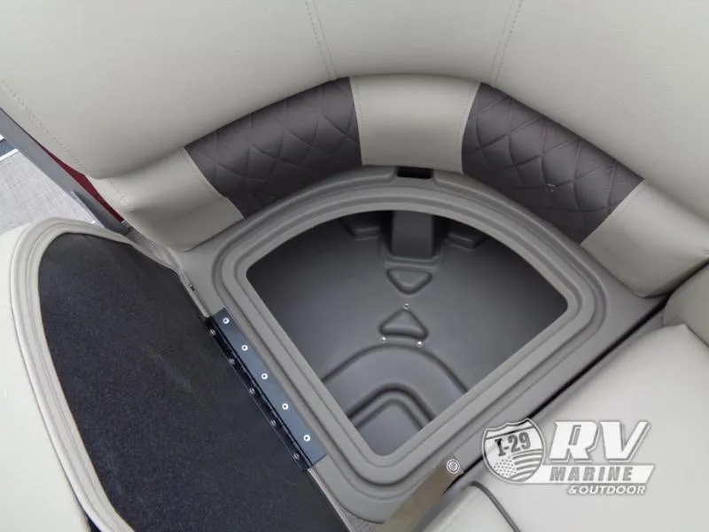 Slide: The Image of 2024 Party Barge 20 boat seat storage compartment, featuring quilted upholstery and durable design. - 11