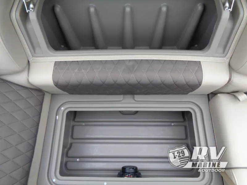 Slide: The Image of 2024 Party Barge 20 storage compartment with quilted upholstery and spacious interior. - 13