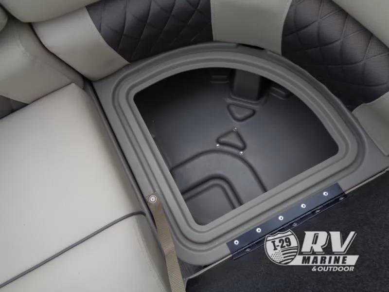 Slide: The Image of 2024 Party Barge 20 storage compartment with cushioned seating and RV Marine logo. - 14