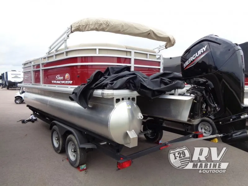 Slide: The Image of 2024 Party Barge 20 pontoon boat with Mercury engine on trailer. - 16