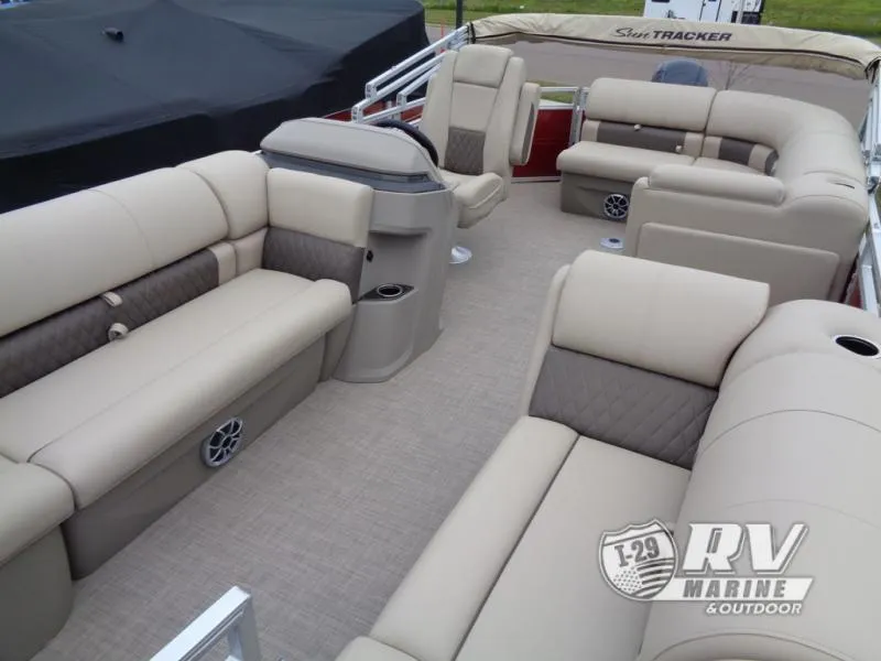 Slide: The Image of 2024 Party Barge 20 pontoon boat with spacious seating and modern design. - 19