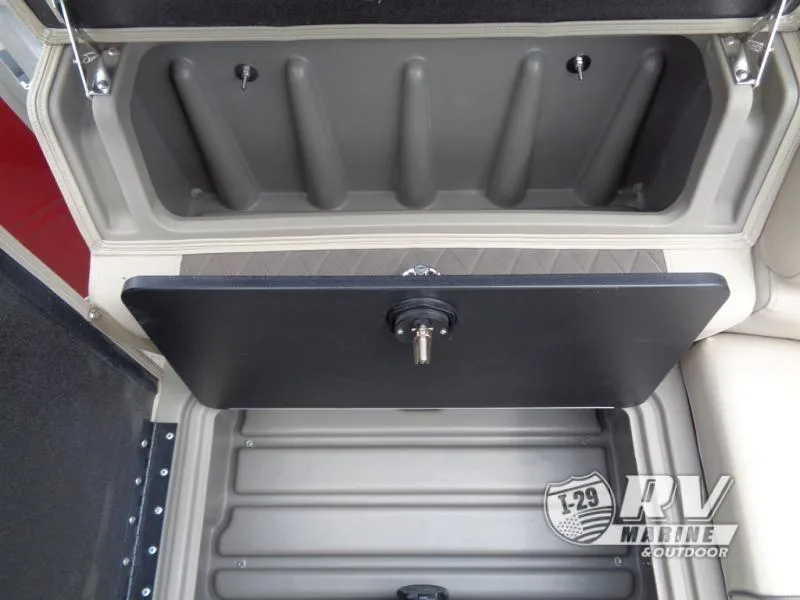 Slide: The Image of 2024 Party Barge 20 storage compartment with secure latch and spacious interior. - 4