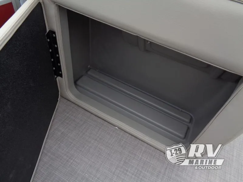 Slide: The Image of 2024 Party Barge 20 storage compartment with open door, showcasing interior space. - 8