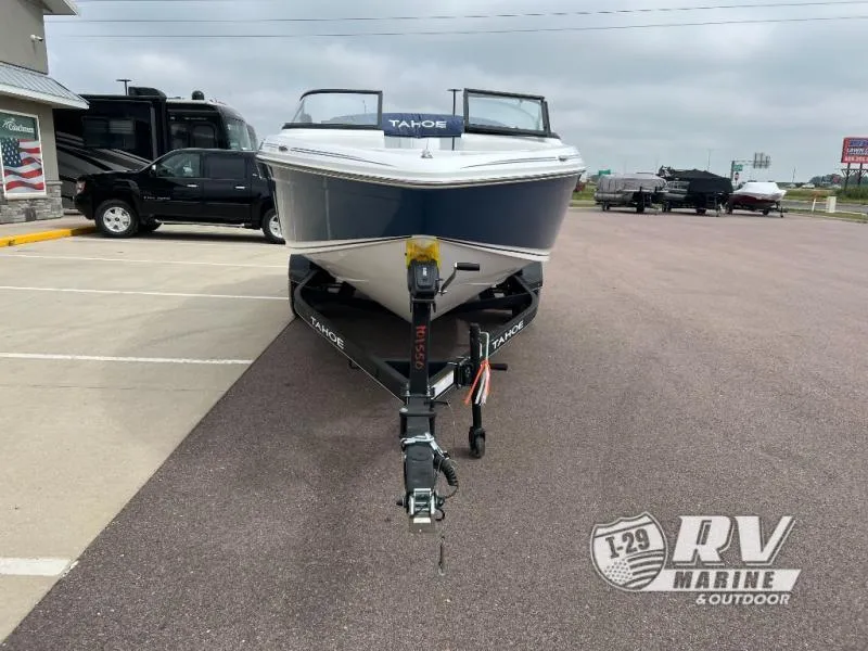 Slide: The Image of 2024 Tahoe 210S boat on trailer in parking lot, front view. - 3