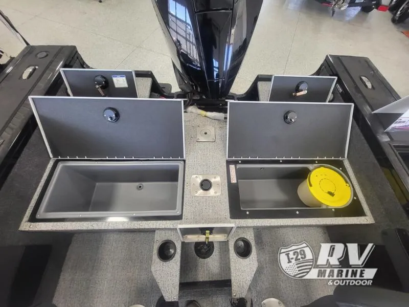 Slide: The Image of 2024 Targa V19 boat storage compartments with open lids, showcasing interior space. - 8