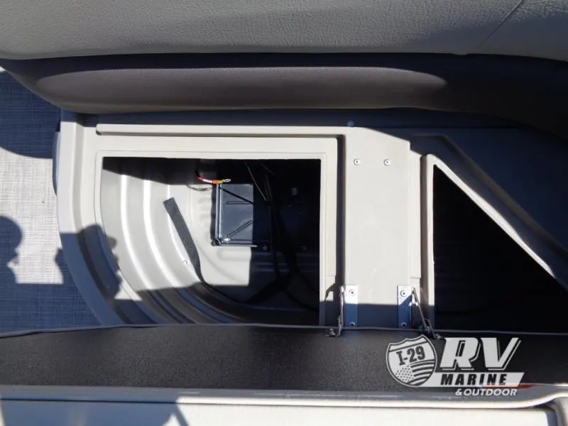 Slide: The Image of 2025 BASS BUGGY 16 XL Select storage compartment with battery, RV Marine logo visible. - 8