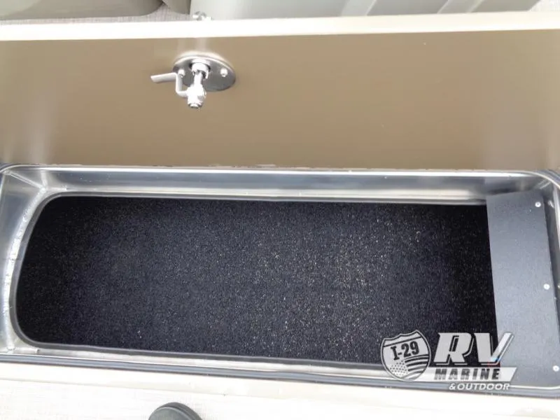 Slide: The Image of 2025 Party Barge PB22XP3 storage compartment with faucet, RV Marine branding. - 13