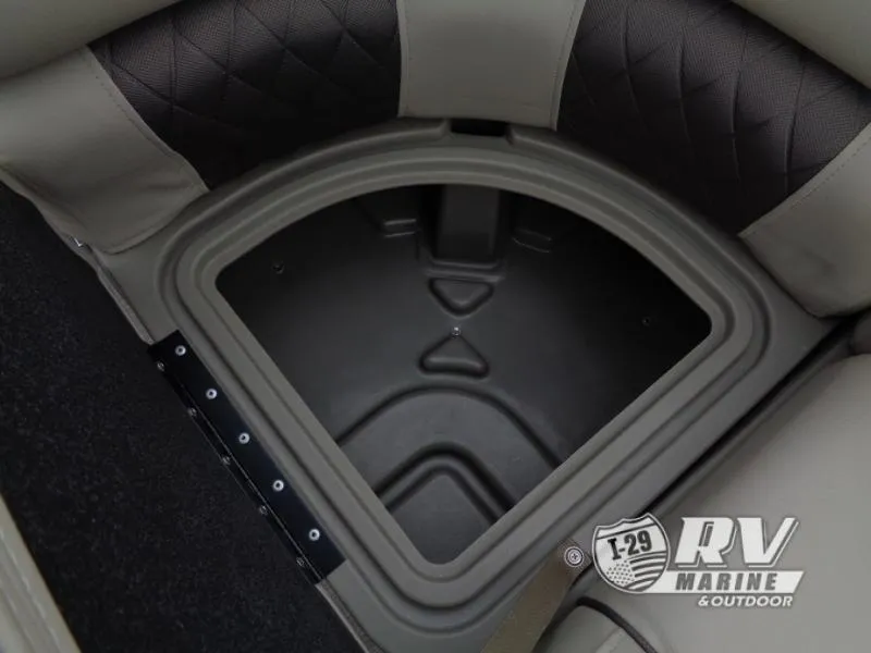 Slide: The Image of Storage compartment in 2025 Party Barge PB22XP3 pontoon boat, featuring cushioned seating. - 17