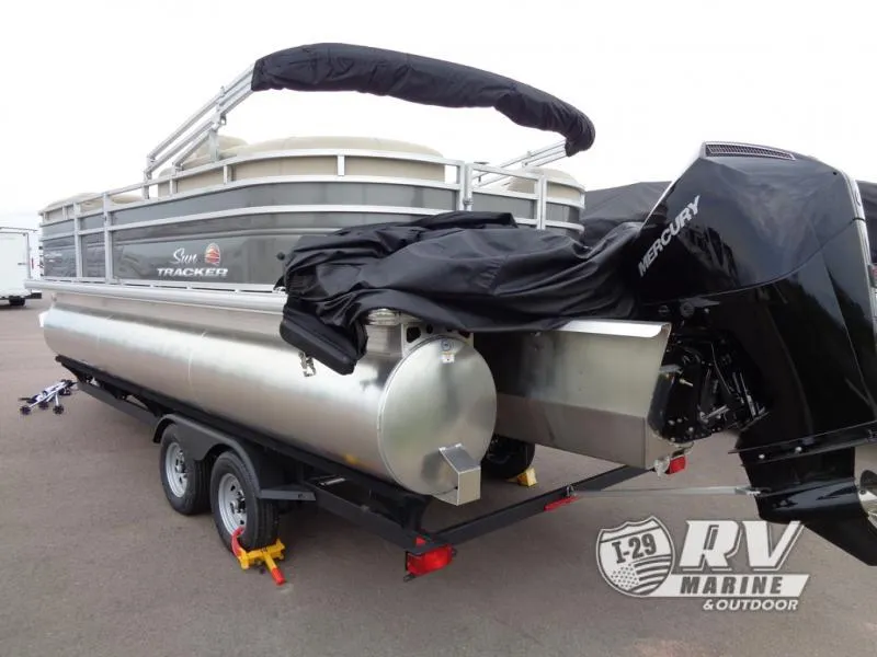 Slide: The Image of 2025 Party Barge PB22XP3 pontoon boat on trailer with Mercury engine. - 19