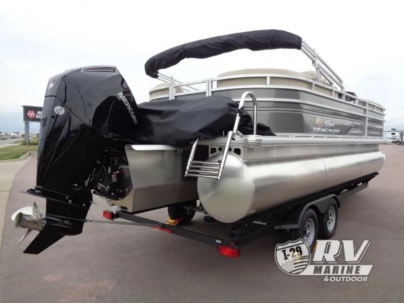 Slide: The Image of 2025 Party Barge PB22XP3 pontoon boat on trailer with Mercury outboard motor. - 20