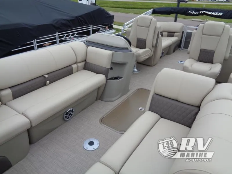 Slide: The Image of Luxurious 2025 Party Barge PB22XP3 pontoon boat interior with plush seating. - 22