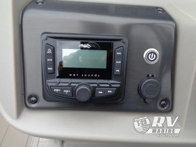 Slide: The Image of Wet Sounds audio system on 2025 Party Barge PB22XP3, featuring USB port and controls. - 3