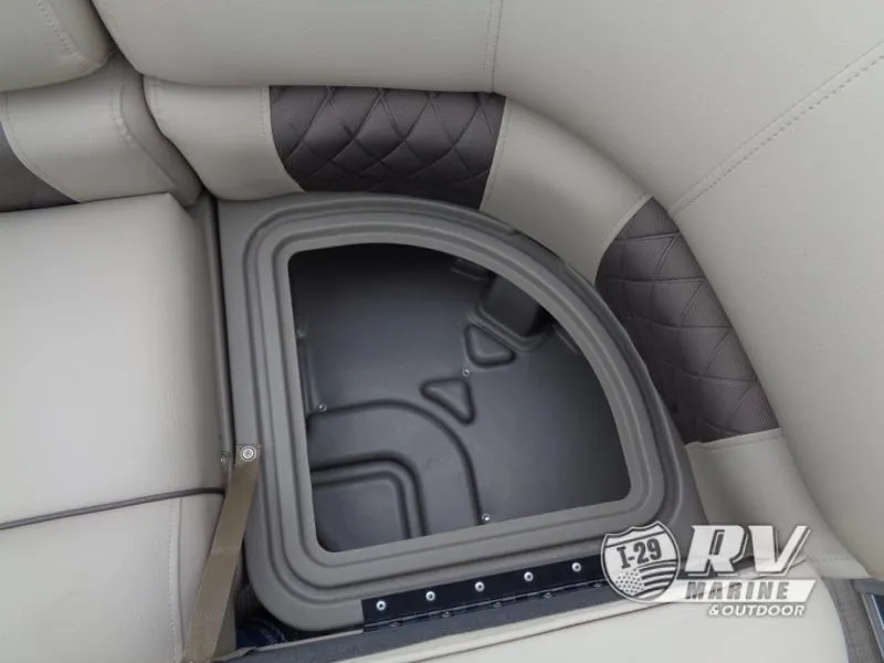 Slide: The Image of 2025 Party Barge PB22XP3 storage compartment with cushioned seating and quilted design. - 4