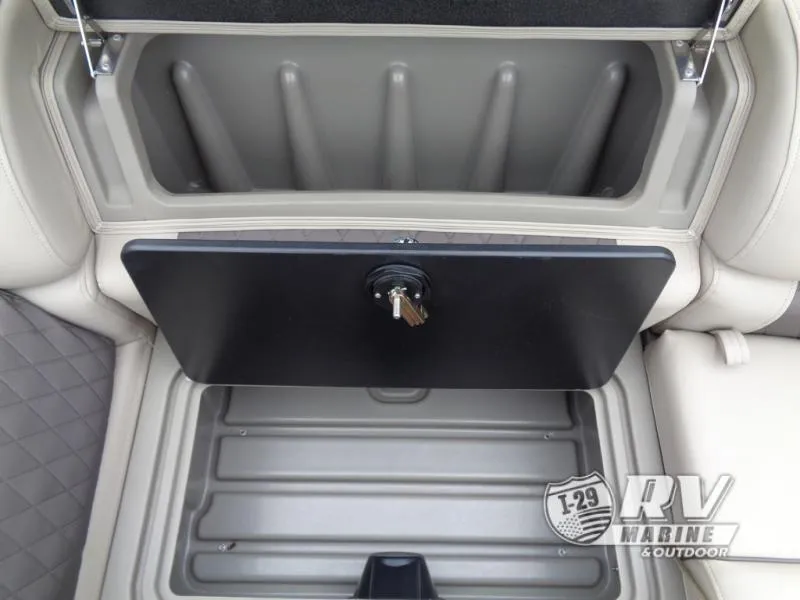 Slide: The Image of 2025 Party Barge PB22XP3 storage compartment with lock and key. - 5