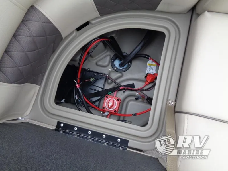 Slide: The Image of 2025 Party Barge PB22XP3 battery compartment with wiring and switch. - 6