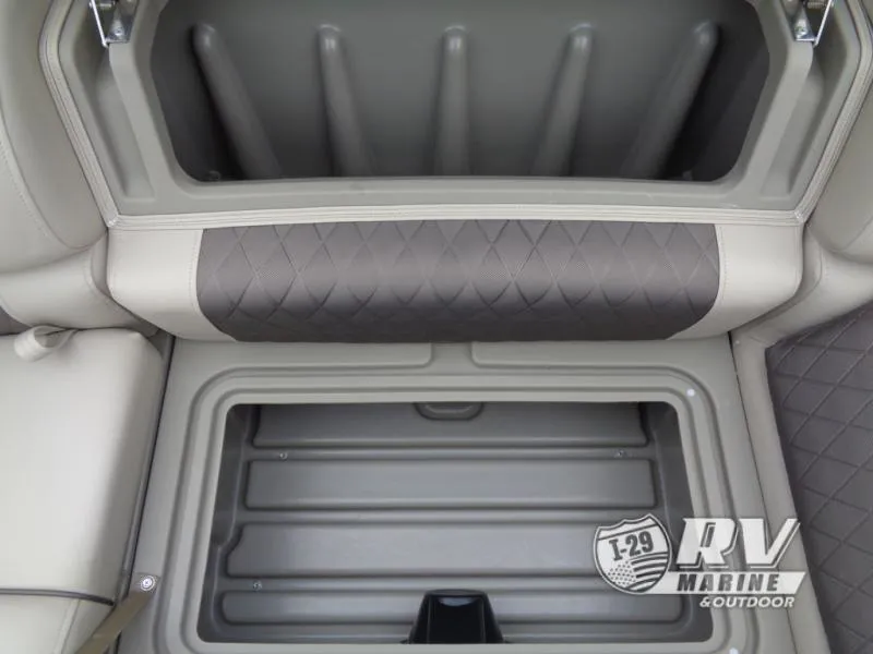 Slide: The Image of 2025 Party Barge PB22XP3 storage compartment with quilted upholstery and spacious interior. - 7