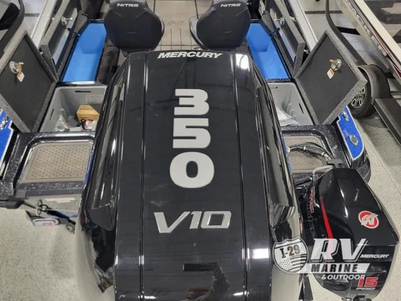 Slide: The Image of 2025 Nitro ZV21 boat with Mercury 350 V10 engine, RV Marine branding. - 10