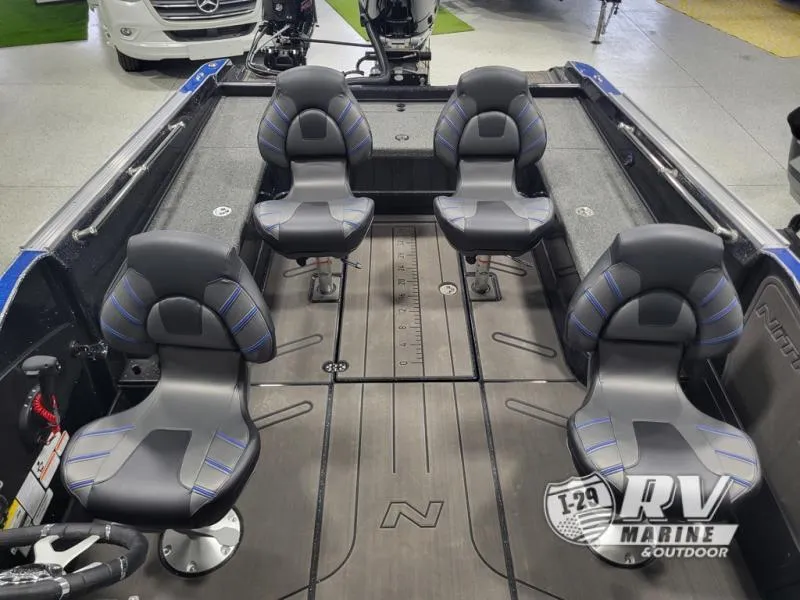 Slide: The Image of 2025 Nitro ZV21 boat interior with four cushioned seats and sleek design. - 15