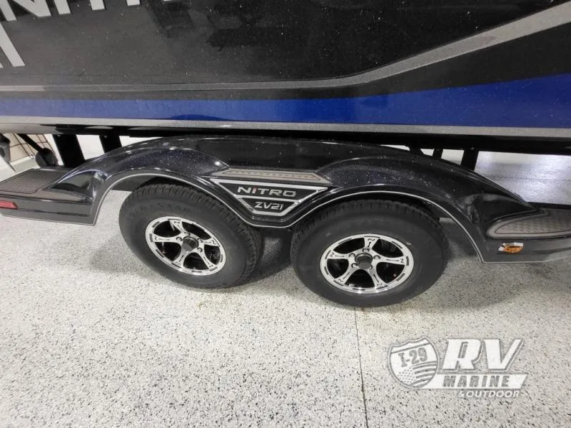Slide: The Image of 2025 Nitro ZV21 boat trailer with dual wheels, displayed indoors. - 5