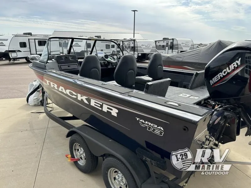 Slide: The Image of 2025 Targa V18 boat with Mercury engine at RV Marine dealership. - 15