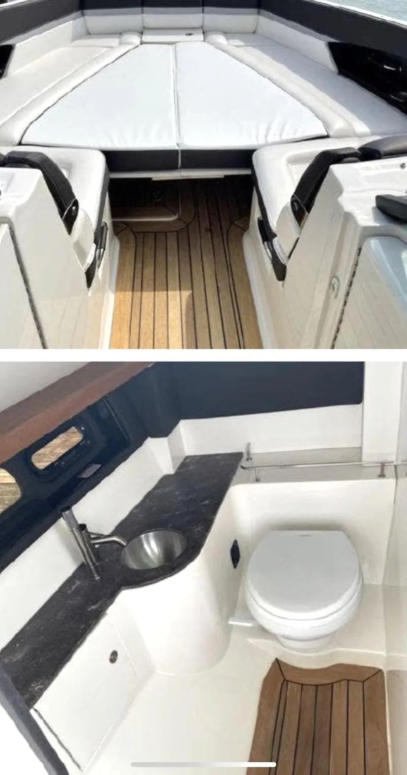 Slide: The Image of 2017 Sea Ray 350 SLX boat interior with seating, sink, and toilet. - 16