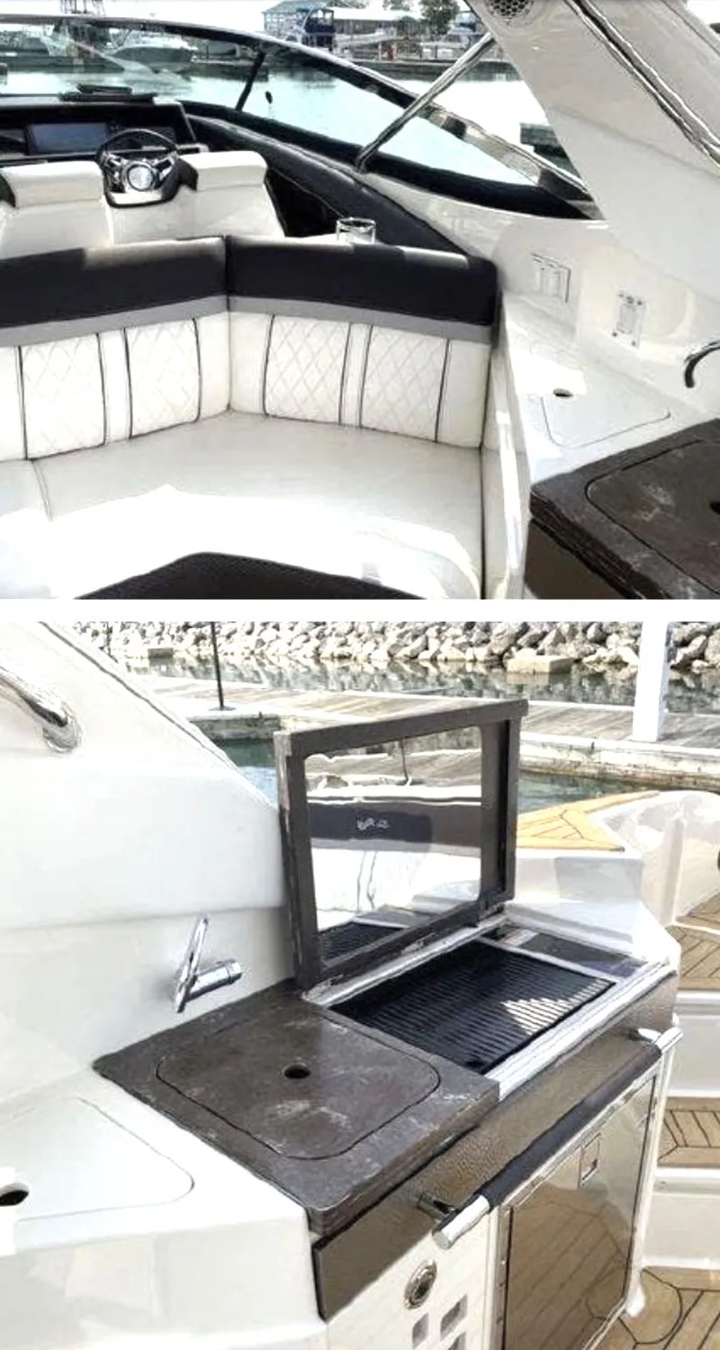Slide: The Image of 2017 Sea Ray 350 SLX boat interior with seating and outdoor grill. - 29
