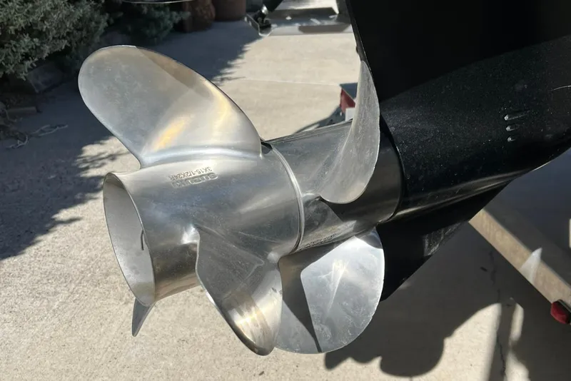 Slide: The Image of Close-up of a 2018 Shallow Sport 25 X3 boat propeller in sunlight. - 15