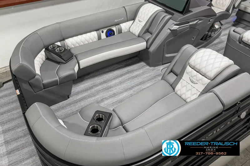 Slide: The Image of Luxurious interior of 2025 Bennington 23 RSB pontoon boat with plush seating and cup holders. - 14
