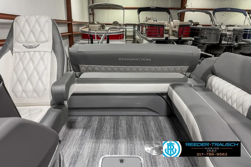 Slide: The Image of 2025 Bennington 23 RSB boat interior with luxurious seating and modern design. - 19