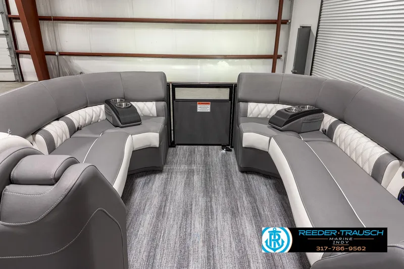 Slide: The Image of 2025 Bennington 23 RSB pontoon boat interior with gray seating and modern design. - 23