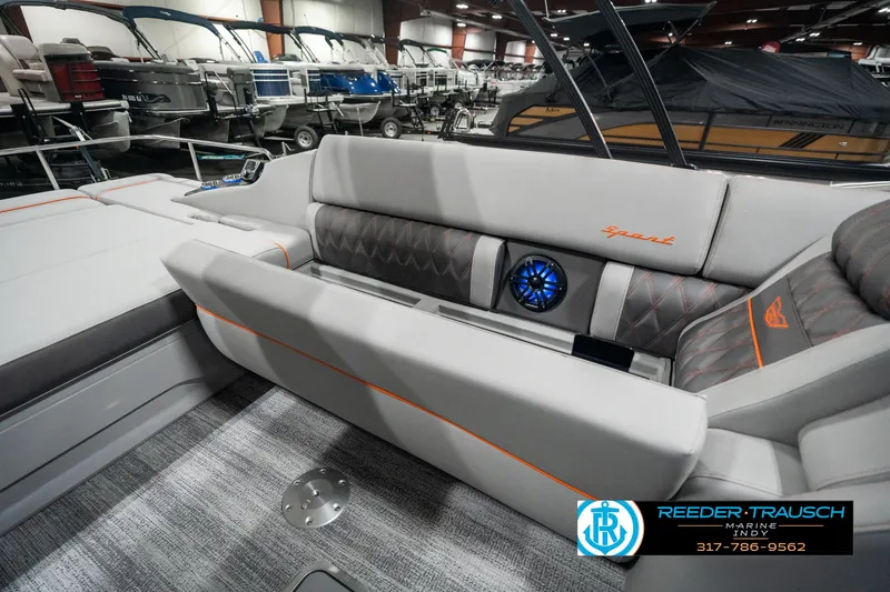 Slide: The Image of 2025 Bennington 23 RSB boat interior with luxurious seating and modern design. - 27