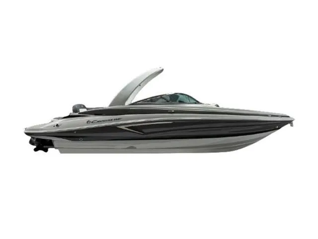 Slide: The Image of 2024 Crownline 280 SS boat, sleek design, side view, gray and black color scheme. - 8