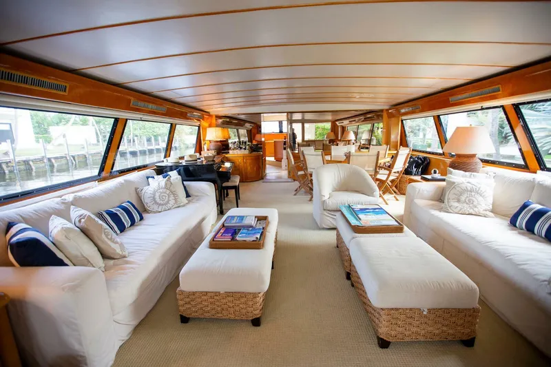 Slide: The Image of Luxurious 1999 Tarrab motoryacht interior with elegant seating and panoramic windows. - 3