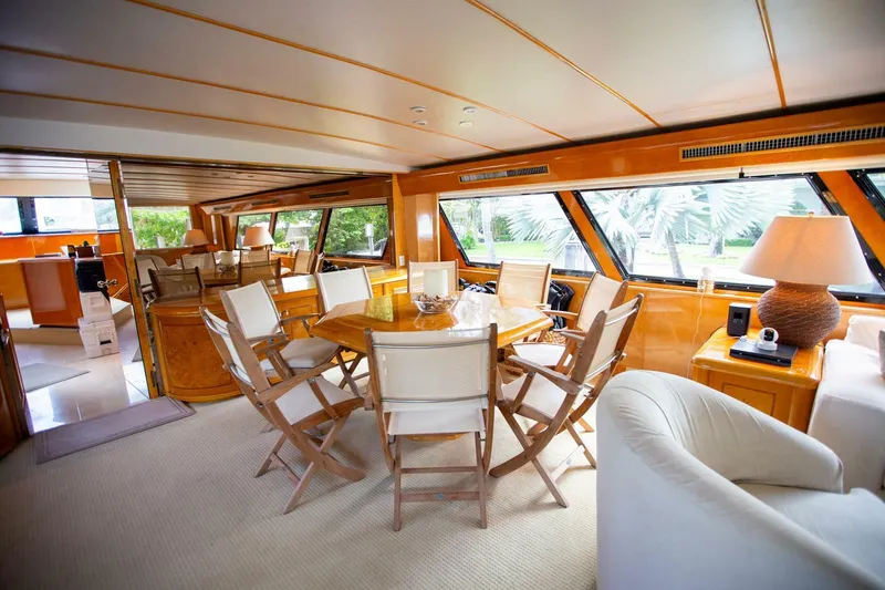 Slide: The Image of Luxurious 1999 Tarrab motoryacht interior with elegant dining area and panoramic windows. - 5